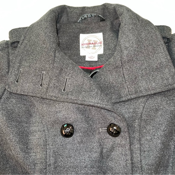 Hydraulic M grey faux wool double breasted lined banded waist & wrists pea coat - Picture 4 of 16